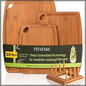 Bamboo Cutting Boards Set of 3 with Storage Stand, Deep Juice Grooves