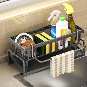 Kitchen Sink Organizer Carbon Steel with Tilted Water Tray Storage Rack for Sponge