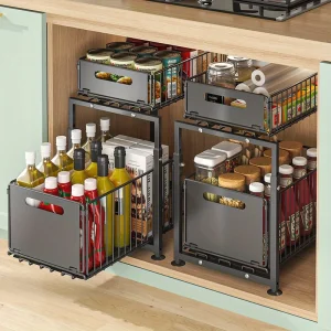 2 Tier Slide Out Cabinet Organizer Heavy Duty, Under Sink Storage Shelf for Kitchen Bathroom