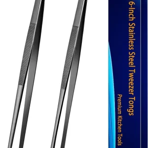 2 Pcs 16-Inch Kitchen Tweezers Tongs with Precision Serrated Tips for BBQ, Plating and Serving, Stainless Steel Chef Tweezer for