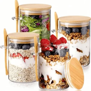 8PCS Glass Food Storage Containers (4 Cups 4 Lids), With Lids And Spoons, Overnight Oats Jar With Lid And Spoon