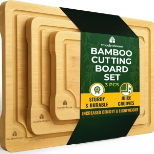 Set of 3 Bamboo Cutting Boards with Deep Juice Grooves and Built-in Handles.